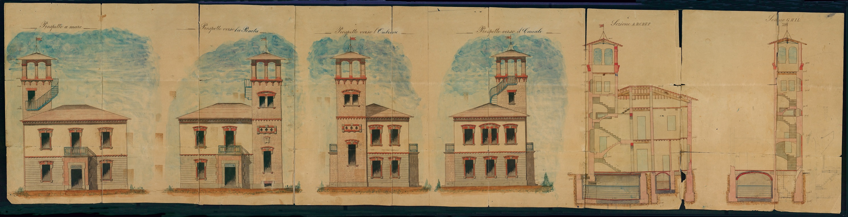 Prospetti e sezioni del casello idraulico presso il ponte Chiavica, nel Parco della Maremma (1905).
ASGr, Genio civile, I versamento, busta 3, fascicolo b.2.